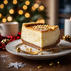 Gourmet Christmas Treats: Decadent Cheesecake Slice and Artistic Latte with Holiday Backdrop for high-end café menus, food magazines, luxury holiday marketing campaigns, and digital holiday cards
