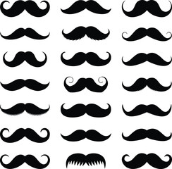 Collection of diverse vector illustrations showcasing various styles and shapes of black mustaches and beards