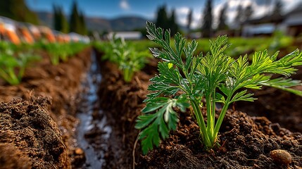 Close up of young carrot plants growing in rows in a field on a sunny day with mountains in the back