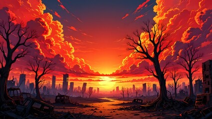 Apocalyptic landscape sunset art wallpaper background disaster city ruins trees art