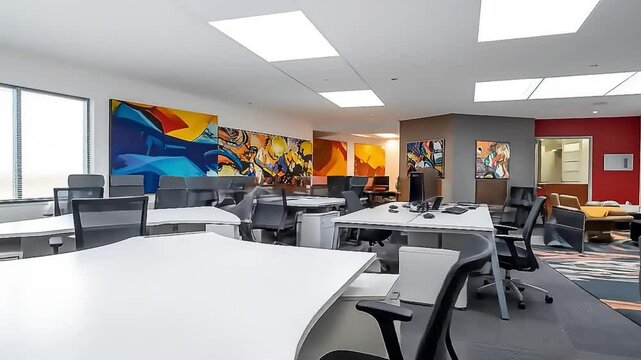 Modern open office space promotes collaboration with vibrant art and ergonomic design for employee well being