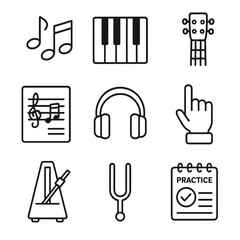 Music Training Icons. Outline style icons of Music Training: music notes, piano keys, guitar neck, sheet music, headphone icon,