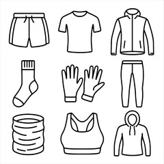 Trail Running Outfit Icons. Outline style icons of Trail Running Apparel: running shorts, base layer shirt, windbreaker jacket,