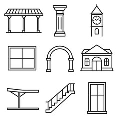 Obraz premium Train Station Icons. Line style icons of train station architecture: roof canopy, pillar, window frame, clock tower, entrance arch