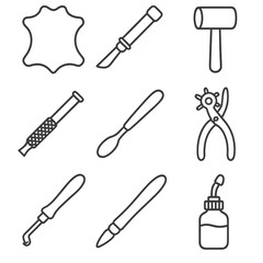 Leather Tooling Icons. Line style icons of Traditional Leather Tooling: leather hide, swivel knife, stamping mallet, beveler tool,