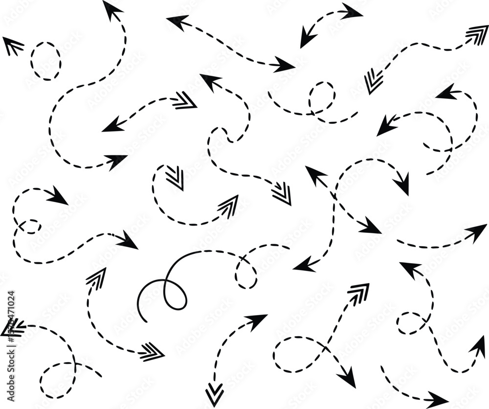 Poster vector set of directional arrows in various shapes and dotted lines on a white background
