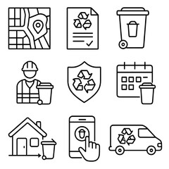 Municipal Waste Icons. Outline style icons of Municipal Waste Systems: city map with zones, waste regulation document, council bin
