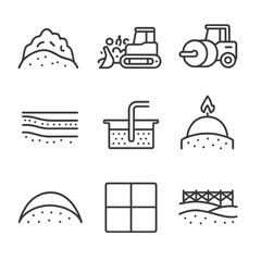 Landfill Management Icons. Outline style icons of Landfill Management: landfill mound icon, bulldozer with waste, garbage