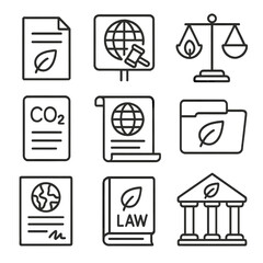 Environmental Law Icons. Outline style icons of Environmental Policy and Laws: green policy document, eco regulation icon,