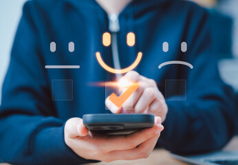 Customer review satisfaction feedback survey concept. A person interacts with virtual icons...