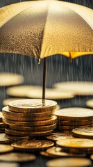 Financial protection concept showcasing golden umbrella shielding stacked coins from metaphorical monetary rain, symbolizing economic resilience and investment security.