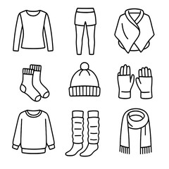 Winter Yoga Clothes Icons. Outline style icons of Winter Yoga Clothing: long-sleeve top, layered leggings, cozy yoga wrap, thick
