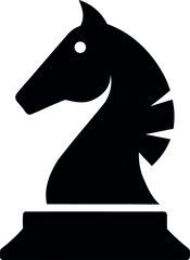 Black Silhouette Icon of Chess Knight Piece with Stylized Mane and Eye Isolated on White