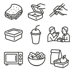 Lunchtime Icons Collection. Outline style icons of Lunchtime: sandwich bite, opening lunchbox, using chopsticks, food container,
