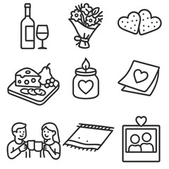 Romantic Picnic Icons. Outline style icons of Romantic Picnic Setup: wine bottle with glasses, flower bouquet, heart-shaped snacks
