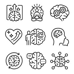 Cognitive Therapy Icons. Outline style icons of Cognitive Therapy: cognitive training brain, mindful therapy brain, brain with