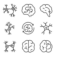 Neuroplasticity Icons Outline. Outline style icons of Neuroplasticity Concepts: interconnected neurons, brain with flexible