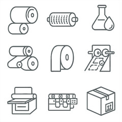 Flexographic Printing Icons. Outline style icons of Flexographic Printing: flexo plate cylinder, anilox roller, fast-drying ink