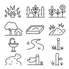 Fototapeta premium Pet-Friendly Landscaping Icons. Outline style icons of Pet-Friendly Landscaping: grass zone with paw, fenced garden, pet-safe