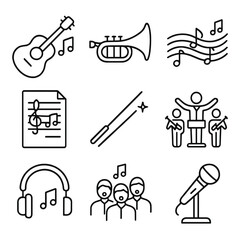 Fototapeta premium Musical Communication Icons. Outline style icons of Musical Communication: guitar with notes, trumpet, musical notes flowing,