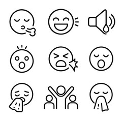 Emotional Sound Icons. Outline style icons of Emotional Sound Expressions: sighing face, laughter lines, crying sound icon, gasp