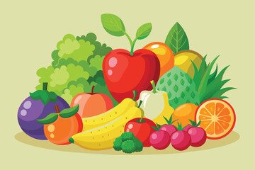 Bright and colorful illustration of various fresh fruits and vegetables. Includes apples, bananas, oranges, and leafy greens. Perfect for health, nutrition, and food related concepts.