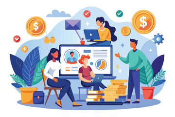 Illustration of a diverse team working together on financial projects. Features teamwork, technology, and business growth concepts in a creative office environment.