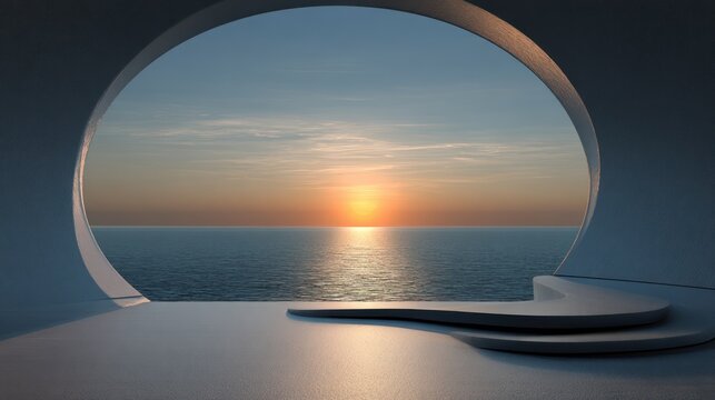 Fototapeta Sunrise over ocean seen through a round window with a curved architectural element