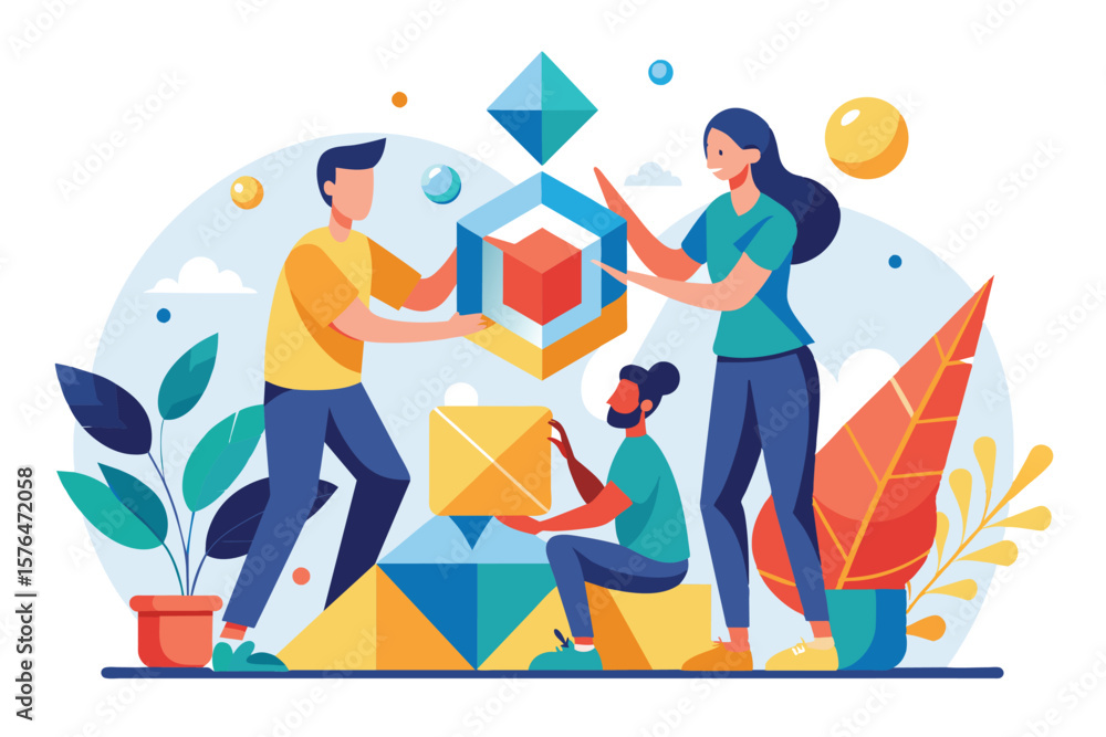 Poster illustration of a collaborative team building geometric shapes in a vibrant abstract environment, em