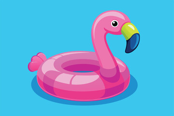 A vibrant pink flamingo pool float depicted in a playful cartoon style against a bright blue backdrop, symbolizing summer fun and relaxation. Perfect for beach and pool themed design projects.