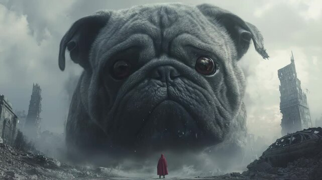 Giant Pug Overlooks Ruined Cityscape with Lone Red-Clad Figure Amidst Cloudy Sky