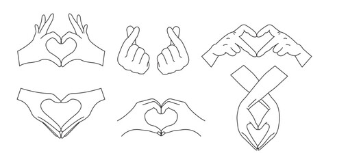 Heart Hands Gesture Outline Vector Set. Love and Hand Sign Collection.
