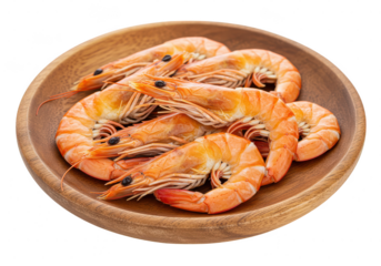 Cooked prawns arranged on a wooden plate showcasing their vibrant orange hue and curled shape in detail on transparent background