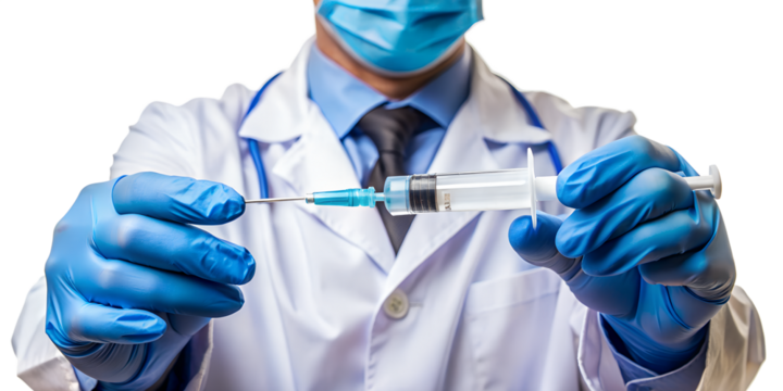 Doctor holding a syringe with vaccine ready for injection isolated on transparent background
