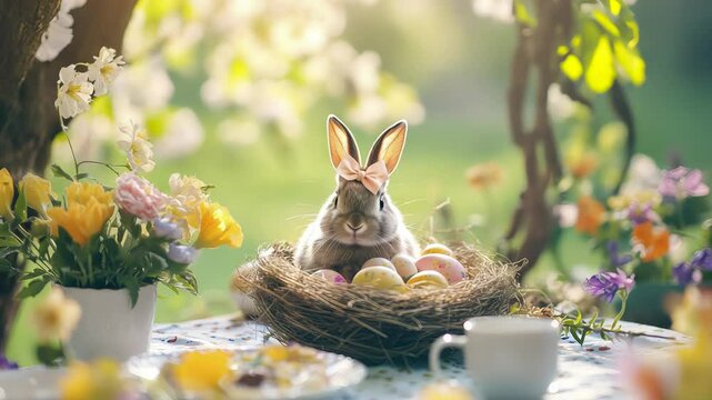 Rabbit in Nest Amidst Spring Flowers on Garden Table with Teapot and Cups
