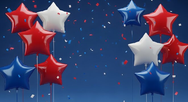 Festive star-shaped balloons in patriotic colors floating against a blue background with confetti. - Powered by Adobe