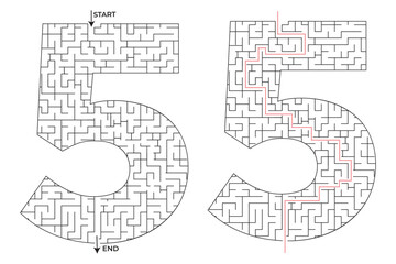 Maze puzzle game kids brain clear education five number shape vector design