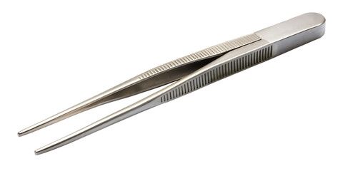 Closeup of stainless steel tweezers isolated on transparent background