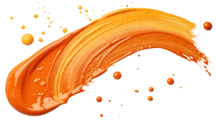 Vibrant orange paint stroke with splashing droplets isolated on transparent background