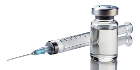 A vial of medicine and a syringe are isolated on transparent background, ready for injection