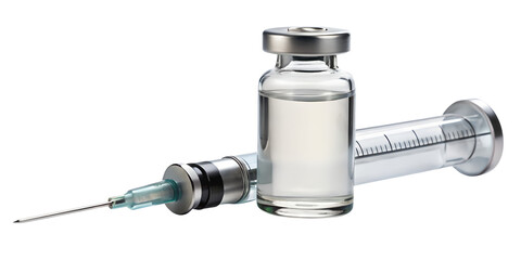 A medical vial and syringe isolated on transparent background, prepared for a vaccine injection