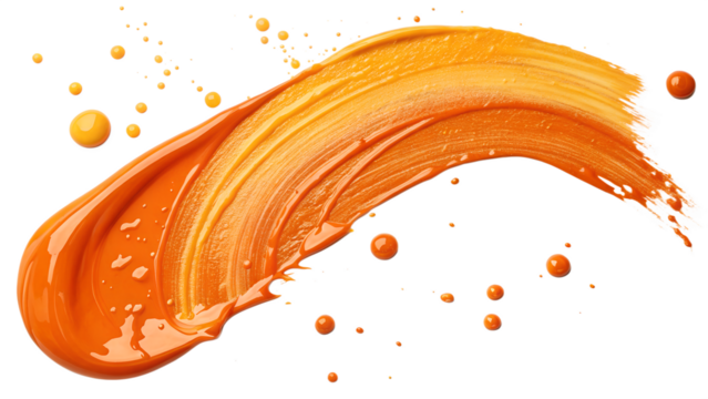 Vibrant orange paint stroke with splashing droplets isolated on transparent background