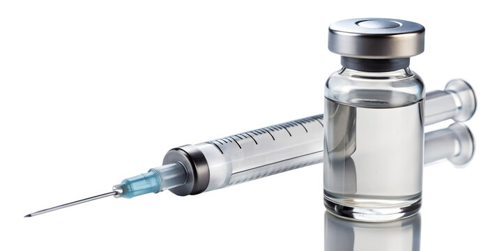 A vial of medicine and a syringe are isolated on transparent background, ready for injection