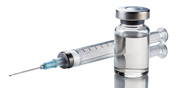 A vial of medicine and a syringe are isolated on transparent background, ready for injection