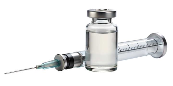 A medical vial and syringe isolated on transparent background, prepared for a vaccine injection