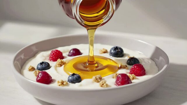 Honey Dripping on Greek Yogurt with Fresh Berries and Granola &ndash; Clean Eating Close-Up