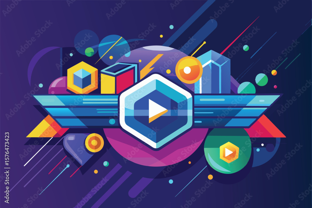 Poster vibrant and dynamic abstract illustration featuring geometric shapes and a central play button icon,