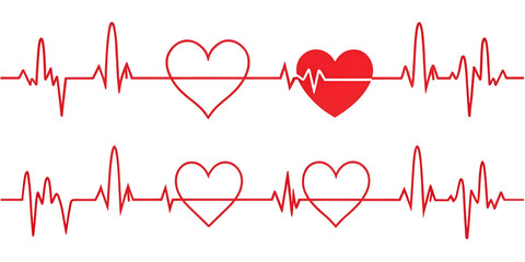 A red heartbeat line with heart symbols isolated on transparent background represents medical health and cardiology