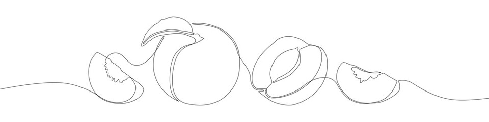 Whole and sliced peaches in continuous line art style. Fresh fruit and summer food concept. Vector illustration