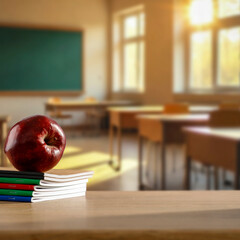 School backpack with supplies on classroom desk – back to school and education concept with...